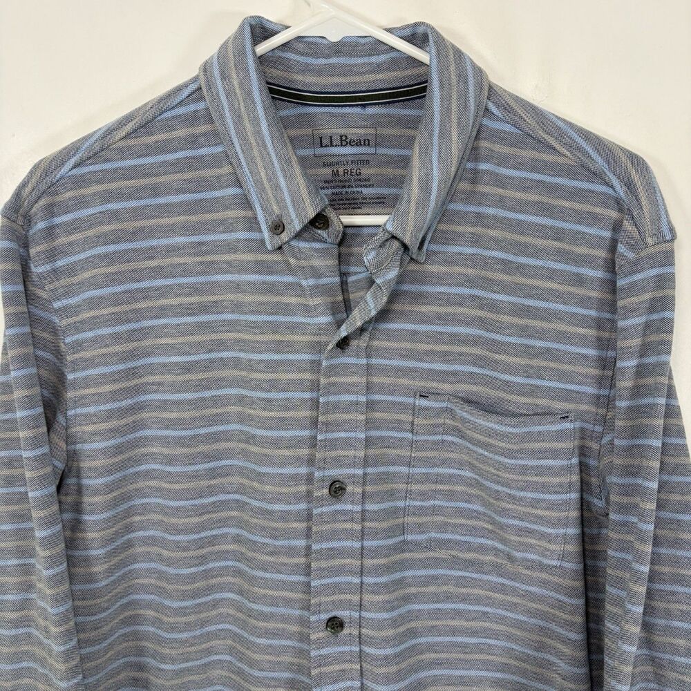 LL Bean Slightly Fitted Button Down Shirt Mens Medium Gray Blue Beige Striped